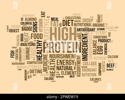 Wortwolkenhintergrundkonzept für hohe Proteinbelastung. Ändern Sie Ihren Lebensstil mit gesunder Ernährung Bio Essen. vektordarstellung. Stock Vektor