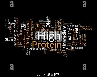 Wortwolkenhintergrundkonzept für hohe Proteinbelastung. Ändern Sie Ihren Lebensstil mit gesunder Ernährung Bio Essen. vektordarstellung. Stock Vektor