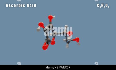 Ascorbinsäuremolekül von C6H8O6 3D Conformer Rendering. Lebensmittelzusatzstoff E300 Stockfoto
