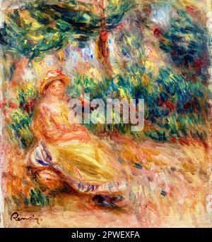 Frau in Rosa und Gelb in einer Landschaft von Pierre-Auguste Renoir. Original von der Barnes Foundation. Stockfoto