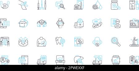 Medizinische Behandlung Lineare Symbole gesetzt. Diagnose, Therapie, Medizin, Chirurgie, Chemotherapie, Strahlentherapie, Dilatationslinienvektor und Konzeptzeichen Stock Vektor
