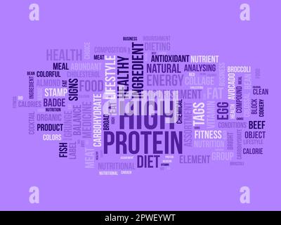 Wortwolkenhintergrundkonzept für hohe Proteinbelastung. Ändern Sie Ihren Lebensstil mit gesunder Ernährung Bio Essen. vektordarstellung. Stock Vektor