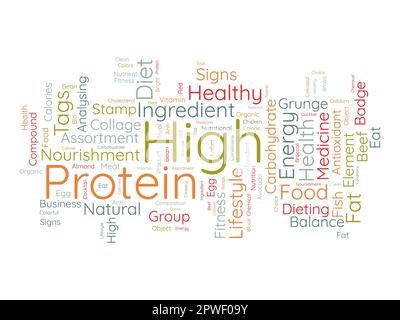 Wortwolkenhintergrundkonzept für hohe Proteinbelastung. Ändern Sie Ihren Lebensstil mit gesunder Ernährung Bio Essen. vektordarstellung. Stock Vektor