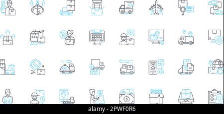 Linearer Symbolsatz für Frachtdienste. Versand, Fracht, Logistik, Transport, Lieferung, Linienvektor und Zusatzzeichen exportieren, importieren. Lagerhaltung Stock Vektor