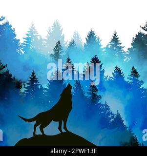 Wolf Silhouette Aquarell. Gemischte Medien. Wolf heult in einem blauen Wald. Vektorgrafik Stock Vektor