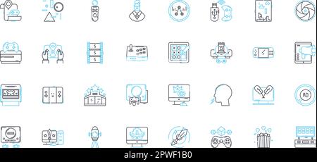 Lineares Symbolset für Funkübertragung. Roadcasting, Übertragung, Empfang, Antenne, Signal, Programm, Stationslinienvektor und Konzeptzeichen. Studio Stock Vektor