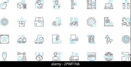 Lineare Symbole für Transportdienste festgelegt. Logistik, Versand, Lieferung, Transport, Versand, Vektor- und Konzeptzeichen für Versand, Transitlinie. Schlitten Stock Vektor