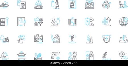 Lineare Symbole für das Sommerlager. Abenteuer, Natur, Freundschaft, Erkundungen, Lagerfeuer, Wassersport, Wildnis-Linienvektor und Konzeptschilder. Bogenschießen Stock Vektor