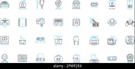 Lineare Symbole für digitale Geräte festgelegt. Smartph, Tablet, Laptop, Desktop, Kamera, Drucker, Scanner-Linienvektor und Konzeptschilder. Gaming, Kopfzeichen, Lautsprecher Stock Vektor