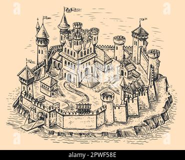 Alte mittelalterliche Burg mit verschiedenen Gebäuden, umgeben von Steinmauern mit Türmen. Stadtplan im Vintage-Gravurstil Stock Vektor