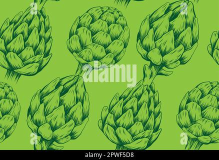 Nahtloses Vektormuster mit von Hand gezeichneten diagonalen Artischocken auf grünem Hintergrund. Textur mit Skizze von Kohl gesundes Gemüse mit Schlupf. Stock Vektor