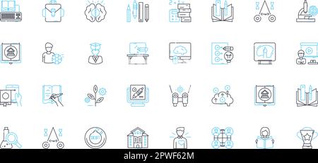 Lineare Symbole für Online-Schulungen. E-Learning, Webinar, Fernunterricht, MOOCs, virtuelle Klassenzimmer, EdTech, Online-Klassen Linienvektor und Konzept Stock Vektor
