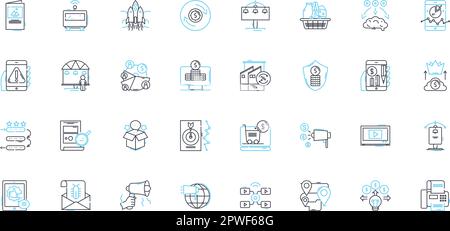 Lineare Symbolgruppe für Konsumgüter. Elektronik, Bekleidung, Lebensmittel, Möbel, Geräte, Schönheits-, Spielzeuglinienvektor- und Konzeptschilder. Schmuck, Schuhe, Taschen Stock Vektor