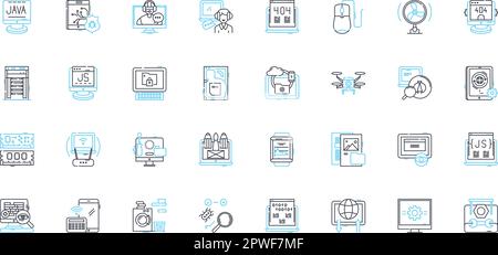 Lineare Symbole für Informationssysteme. Datenbank, Analysen, Nerking, Cloud, Sicherheit, Automation, Integration Line Vector und Concept Signs. Webbasiert Stock Vektor