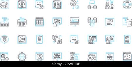 Lineare Symbole für Entwickler festgelegt. Code, Debug, Build, Design, Innovation, Programmieren und Zusammenarbeiten von Linienvektor- und Konzeptzeichen. Framework, Plattform, Backend Stock Vektor