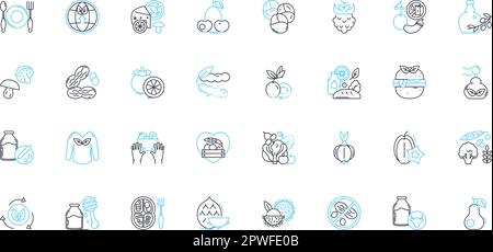 Lineare Symbole für organische Erzeugnisse. Frisch, nahrhaft, nachhaltig, chemikalienfrei, gesund, Lokale, authentische Linienvektoren und Konzeptschilder Stock Vektor