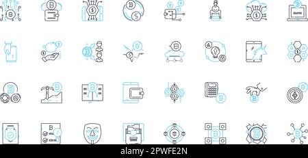 Lineare Symbole für Quantenrechner gesetzt. Quantum, Superposition, Verschlingung, Qubit, Dekoherenz, Interferenz, Glockenlinienvektor und Konzeptzeichen Stock Vektor