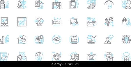 Lineare Symbolgruppe für Marktbewertung. Analyse, Forschung, Wettbewerb, Nachfrage, Angebot, Trends, Datenlinienvektor und Konzeptzeichen. Branche, Einblicke Stock Vektor