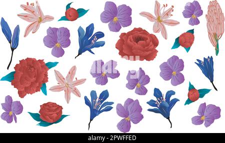 Vektorisiertes Set aus verschiedenen Blumen, Frühling und fröhlichen Farben mit wunderschönen Farbverläufen Stock Vektor