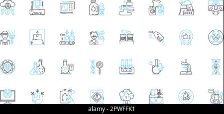 Lineare Symbolgruppe für chemische Fertigung. Synthese, Formel, Reaktanten, Produktion, Katalysator, Compound-, Destillationslinienvektor- und Konzeptzeichen Stock Vektor