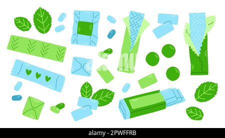 Minz-Kaugummi-Set. Isolierter Kaugummi in Folienverpackungen. Polster, Kugeln und Rolle in blau und grün. Stock Vektor