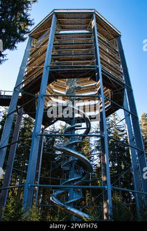 Der Baumweg heißt Stezka korunami stromu in Lipno und hat eine Rutsche inmitten einer Holzkonstruktion. Stockfoto