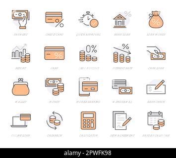 Symbol für Geldkreditlinie gesetzt. Kredit-Score, niedrige Zinsen, Diskontskarte, Hypothek Prozent, Steuer minimal Vektor Illustration. Einfache Umrissschilder für die Bank Stock Vektor