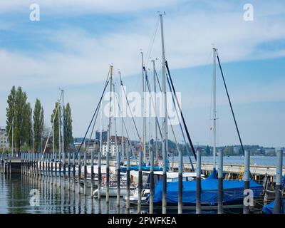 Rorschach, Schweiz - April 22. 2022: Yachthafen am Bodensee mit Segelbooten Stockfoto