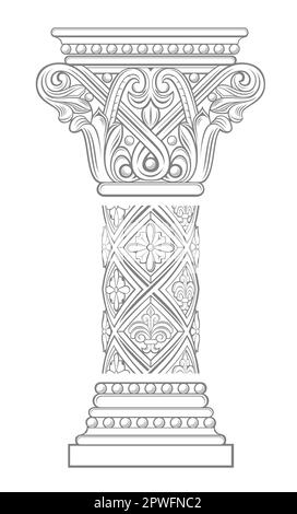 Vektorvorlagen. Hauptstadt einer mittelalterlichen Kathedrale, gotische Säule. Gravur oder Tattoo-Element Stock Vektor