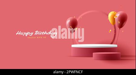 „Happy Birthday“-Grußbanner mit 3D-Darstellung eines Geschenkpodiums und Luftballons mit Konfetti, die moderne Komposition in redivierenden Farben darstellen Stock Vektor