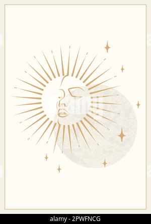 Mystische Zeichnung von Sonne mit Gesicht, Mond und Sternen Poster. Design für Tarotkarte Stock Vektor