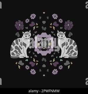 Muster. Katze Mandala mit Herzen und Blumen. Vektordarstellung. Stock Vektor