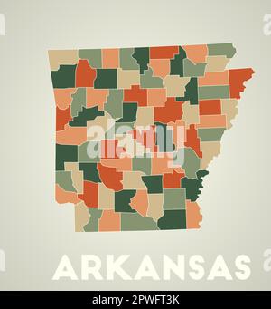 Arkansas Poster im Retro-Stil. Karte des US-Bundesstaates mit Regionen in der Farbpalette für den Herbst. Form von Arkansas mit US-Staatsname. Schöne Vektorillustrati Stock Vektor