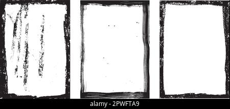 Rahmensatz mit vektorisierten verwitterten Texturen. Abgenutzte Rahmen im A4-Format. Überlagerung von Staub, Schmutz, Geräuschpartikeln, Korn Stock Vektor