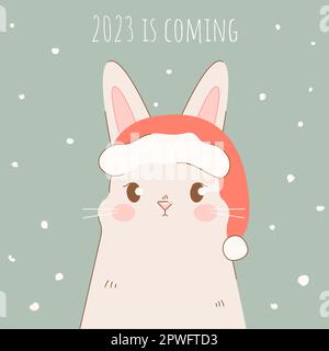 Die Weihnachts- und Neujahrskarte 2023 kommt mit einem Hasen in einem Weihnachtsmütze und Schnee. Flache Vektordarstellung Stock Vektor