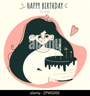 Geburtstagskarte mit süßem Mädchen, Kuchen und Kerzen. Flache Vektordarstellung Stock Vektor
