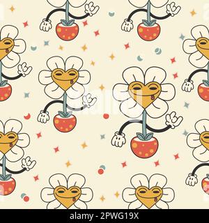 Nahtloses Muster im trendigen Retro-Groovy-Stil, Y2K mit Cartoon-Figuren. Vektor süße Gänseblümchen. Flache Abbildung Stock Vektor