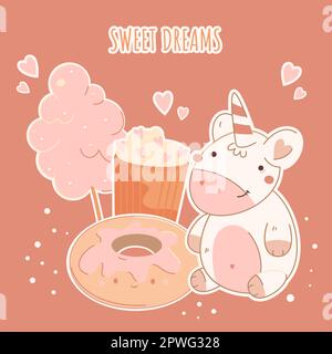 Vektorbild für Postkarte, süße Träume Nachricht. Mit Donut, Zuckerwatte, Cupcake, Einhorn. Lustiger süßer Aufdruck Stock Vektor