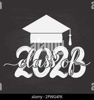 Klasse 2023 Handschrift auf schwarzem Brett. Herzlichen Glückwunsch an das Typografie-Poster der Absolventen. Vektorvorlage für Grußkarte, Etikett, banne Stock Vektor