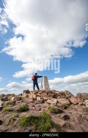 Mann am Berg trig Point, der im Peak District National Park auf den Roaches Range of Rocks in den Staffordshire Moorlands Leek Staffordshire spazierengeht Stockfoto