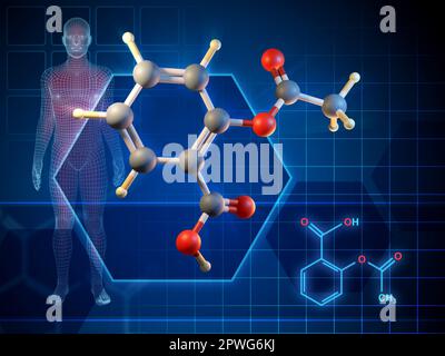 Acetylsalicylsäure-Molekülformel und 3D-Diagramm. Digitale Illustration, 3D-Rendering. Stockfoto