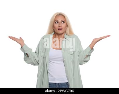 Portrait von emotionalen Frau auf weißem Hintergrund Stockfoto