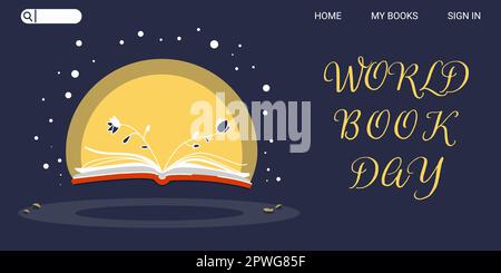 Das Zauberbuch leuchtet vor Wissen und blüht zu Blumen. World Book Day Banner, Webseite, Social Media Post.Book Market Stock Vektor