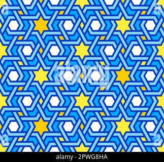 Verwickeltes modernes Muster, basierend auf traditionellen orientalischen arabischen Geometriemustern. Nahtloser Vektorhintergrund mit sechs Strahlen, Sternen und Linien. Einfaches blaues A Stock Vektor