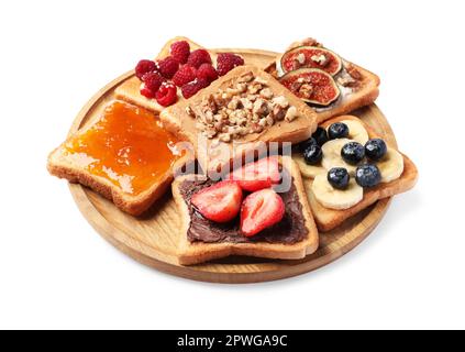 Teller mit verschiedenen süßen Toasts, isoliert auf weiß Stockfoto