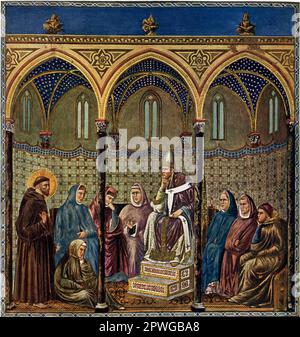 Der Titel von 1906 lautet: "Franziskus von Assisi - Predigt vor Papst Honorius. Ein Fresko von Giotto di Bondone (1266-1336) in der oberen Kirche in Assisi.“ Giotto di Bondone war der wichtigste italienische Maler des 14. Jahrhunderts. Seine Werke zeigen die Innovationen des Renaissance-Stils, der sich ein Jahrhundert später entwickelte. Stockfoto