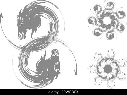 Graue Pferdekopfsymbole oder Rahmen auf weißem Hintergrund. Dekorative Doppel-Pferdesymbole und Rahmen von Pferden wie eine Blume für Tattoos, Geschäfte Stockfoto