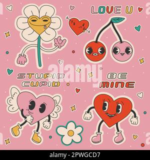 Y2K-Set mit Liebesaufklebern. Retro-Cartoon Valentinstag-Elemente. Herzcharakter im Retro-60s 70s-Stil. Vektordarstellung Stock Vektor