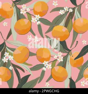 Mandarinblütenmuster. Handgezeichnete Baumzweige mit reifen Tangerinen, Blättern und Blumen auf rosa Hintergrund. Vektordarstellung Stock Vektor