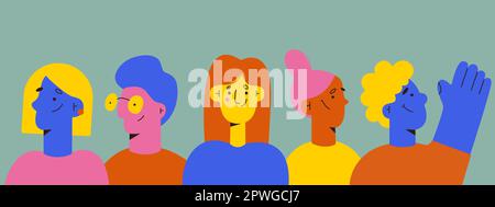 Gruppe abstrakter Personen. Porträts verschiedener junger und glücklicher Männer und Frauen verschiedener Rassen. Arbeitsteam. Vektor flach Stock Vektor